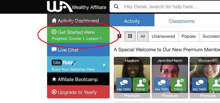green get started here button at wealthy affiliate