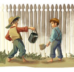 classic image of tom sawyer handing his paint bucket to a friend